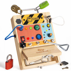Woodtoe Busy Board with LED switch promotes fine motor skills through play