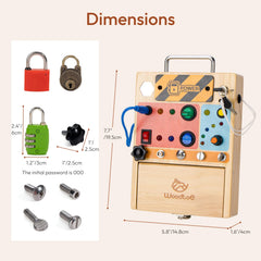 Woodtoe Busy Board bright LEDs engage kids with safe, illuminated interactions