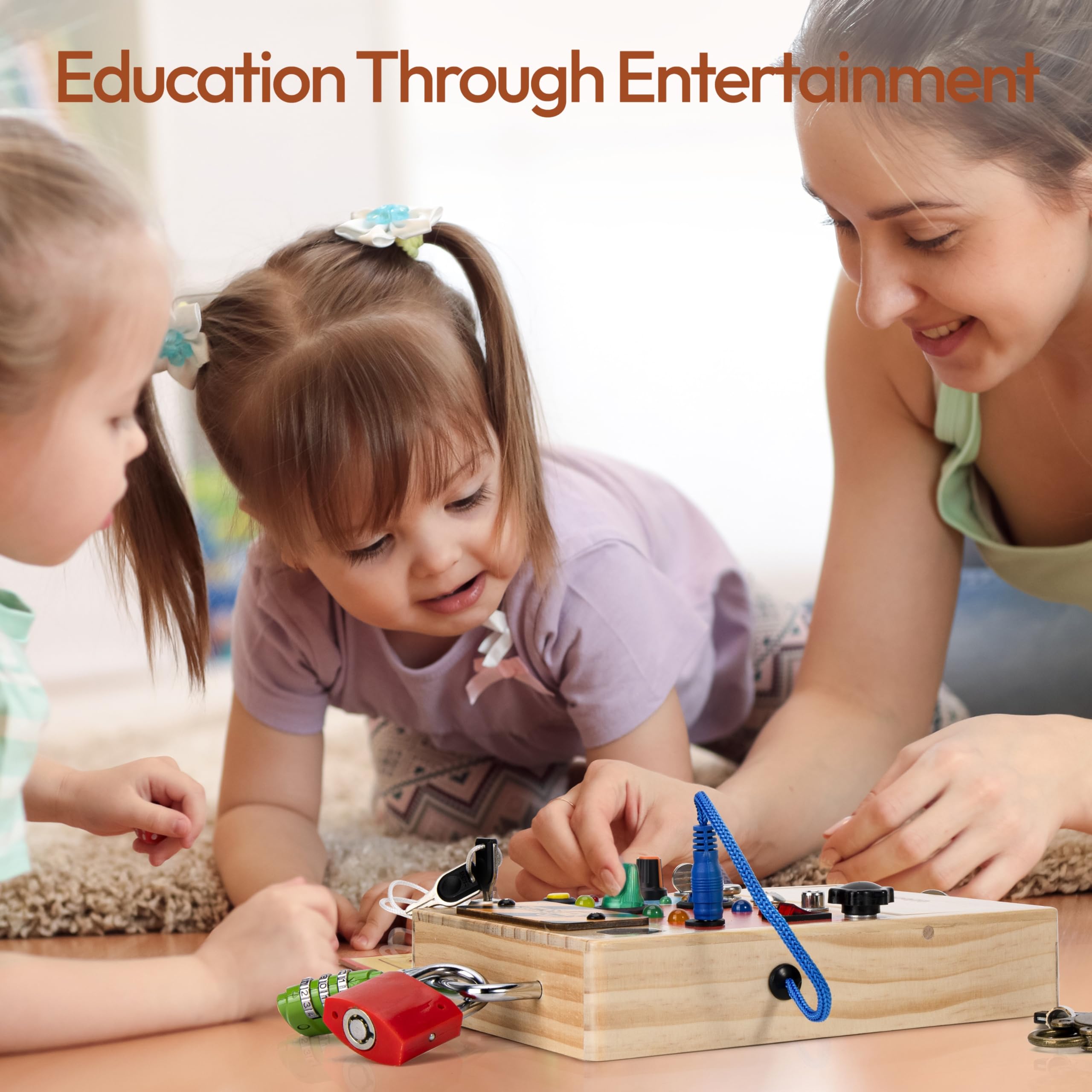 Woodtoe Busy Board wooden box stores all pieces for travel-friendly play