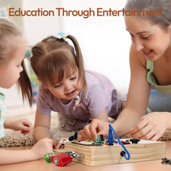 Woodtoe Busy Board wooden box stores all pieces for travel-friendly play
