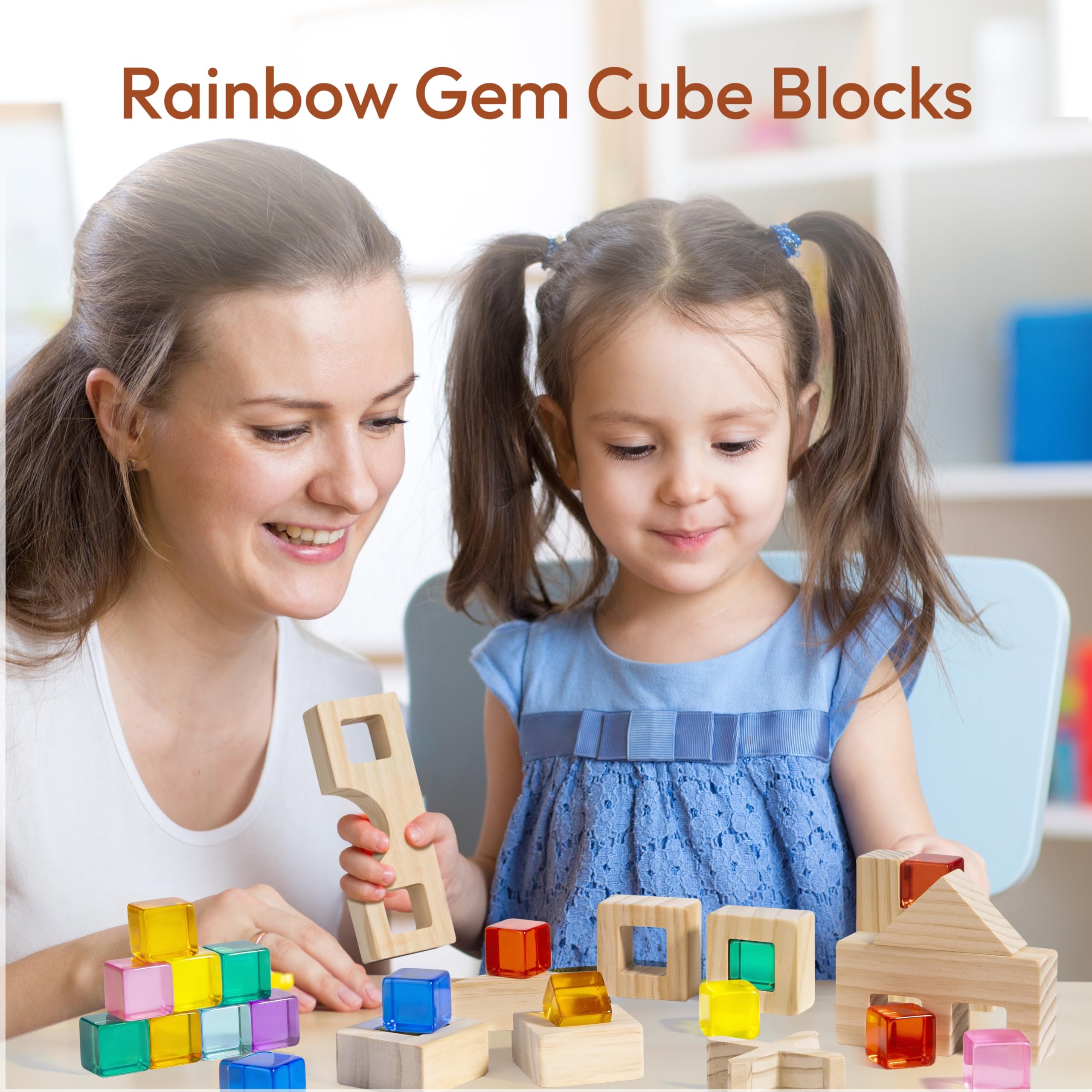 Woodtoe gem blocks sparkle and support color recognition during hands-on building.