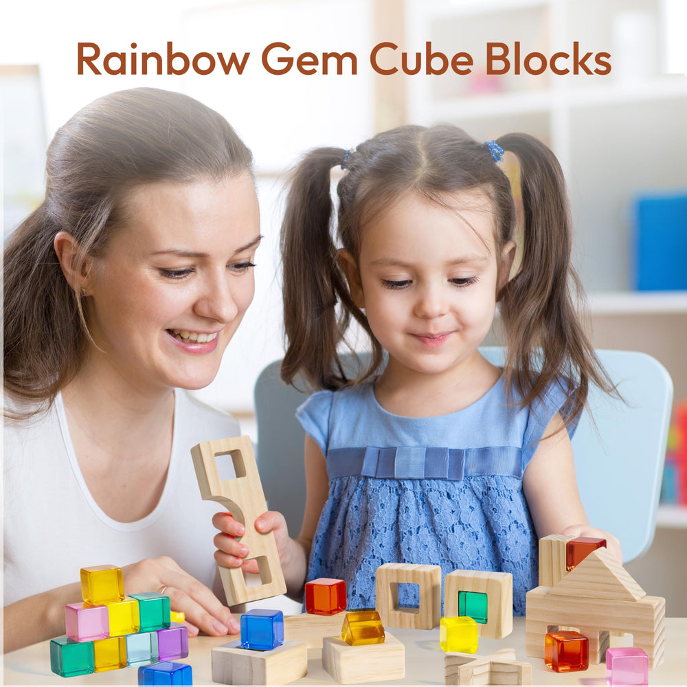 Woodtoe gem blocks sparkle and support color recognition during hands-on building.