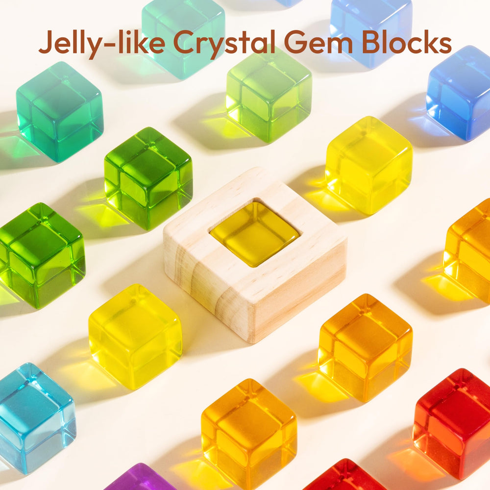 Woodtoe Montessori stacking toys enhance spatial awareness with translucent gems.