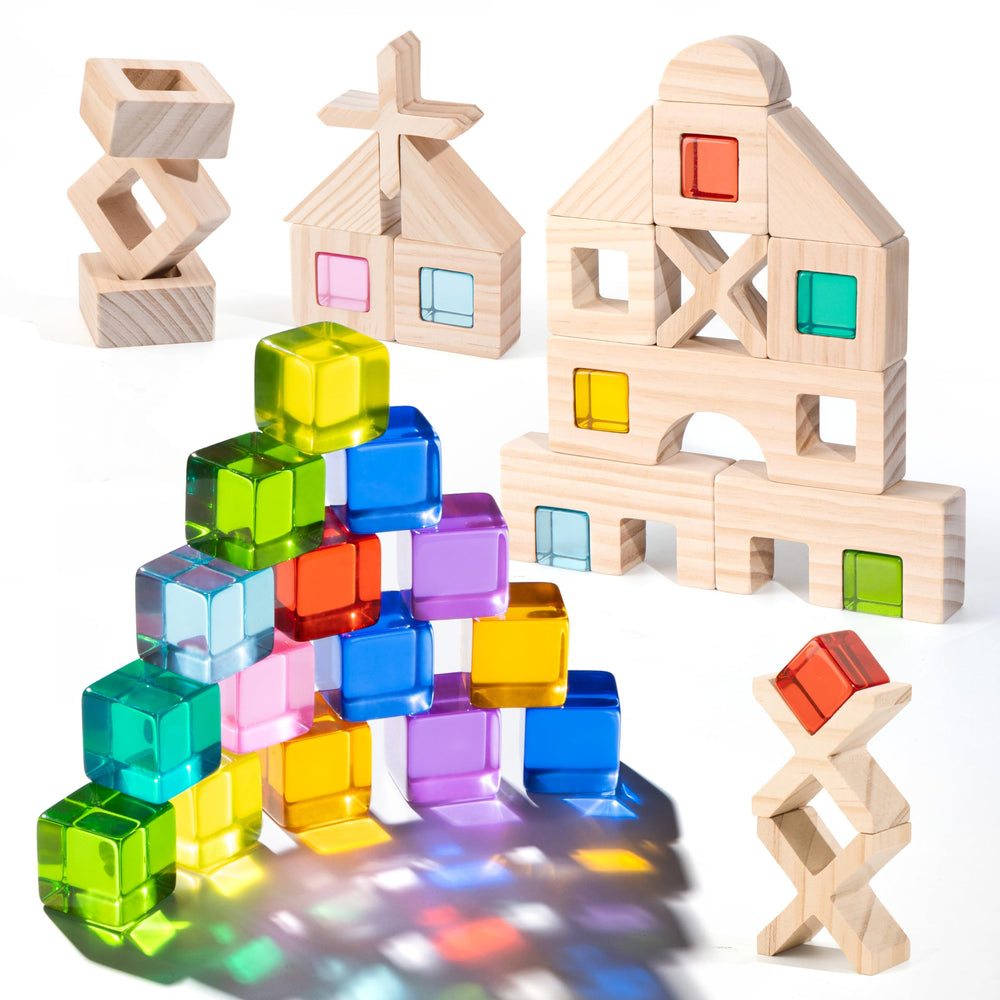 Woodtoe Rainbow blocks set with colorful gems for creative STEM play.
