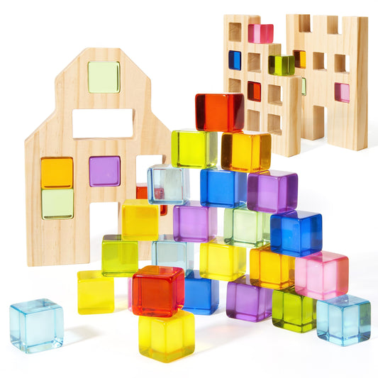 Woodtoe Rainbow gem blocks glow in light, enhancing color recognition during play.