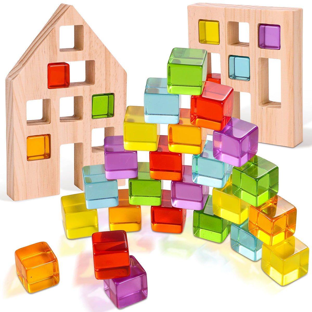 Woodtoe rainbow gem cubes set for color sorting and tactile play.