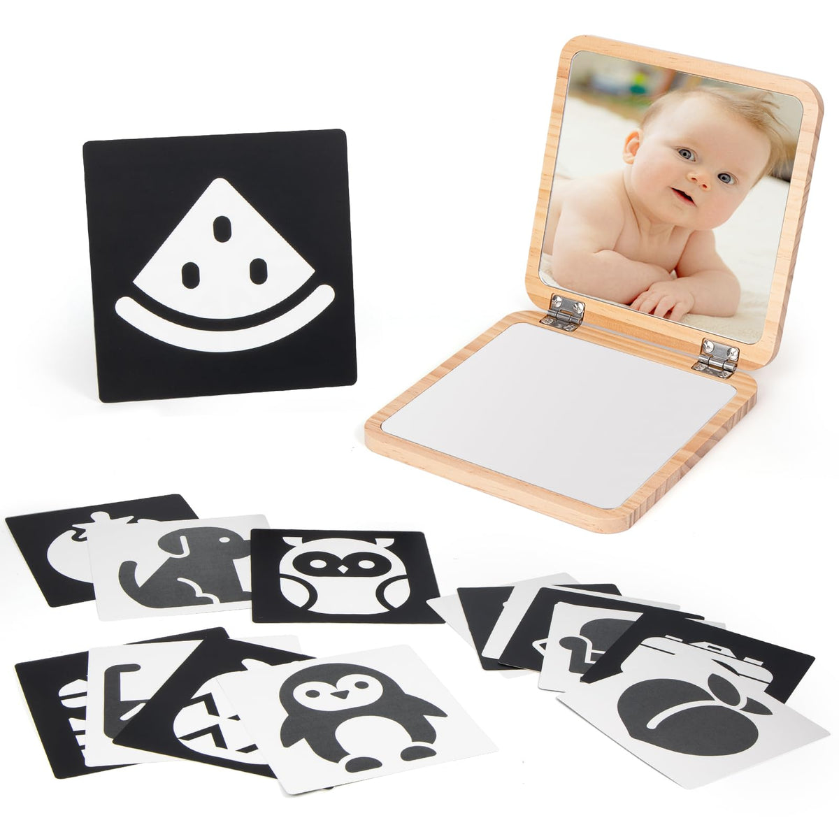 Woodtoe tummy time mirror with adjustable angle for comfortable baby viewing.