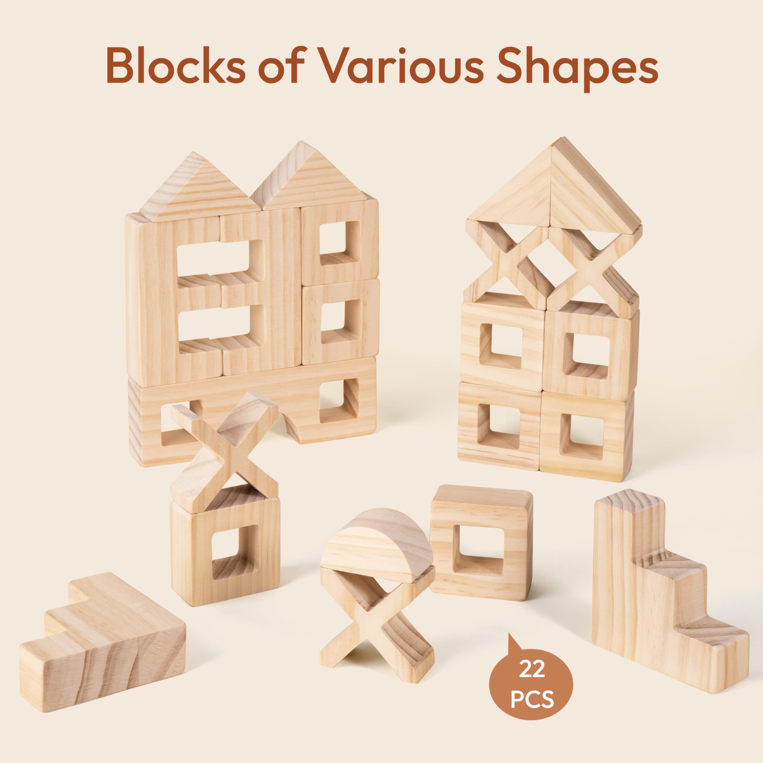 Woodtoe wooden blocks promote fine motor skills through stacking and balance.