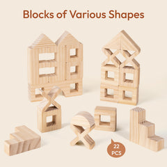 Woodtoe wooden blocks promote fine motor skills through stacking and balance.