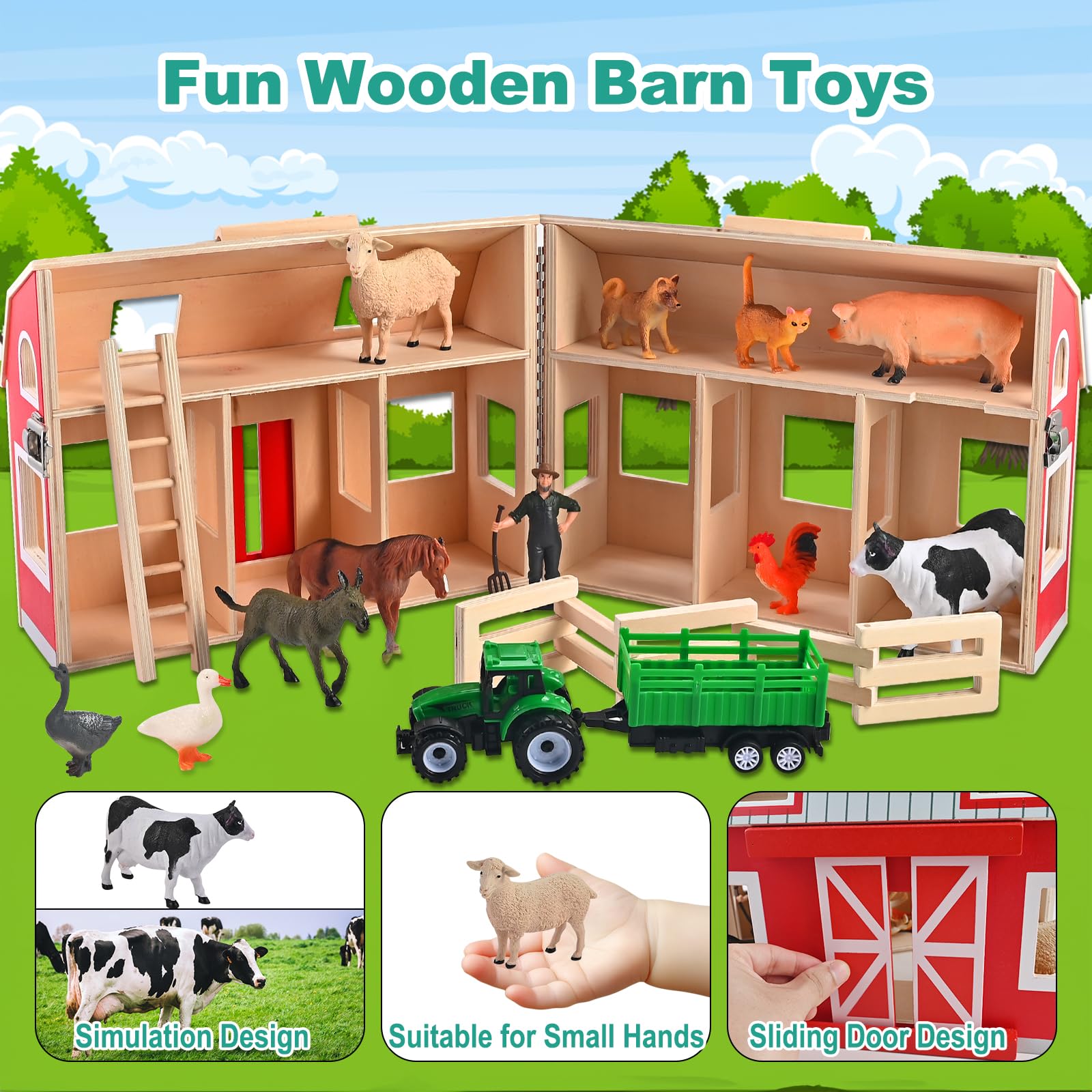 WoodTrove barn contents and accessories keep play organized and ready.