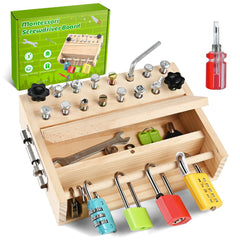 WoodTrove Montessori screwdriver board full view highlights learning through play
