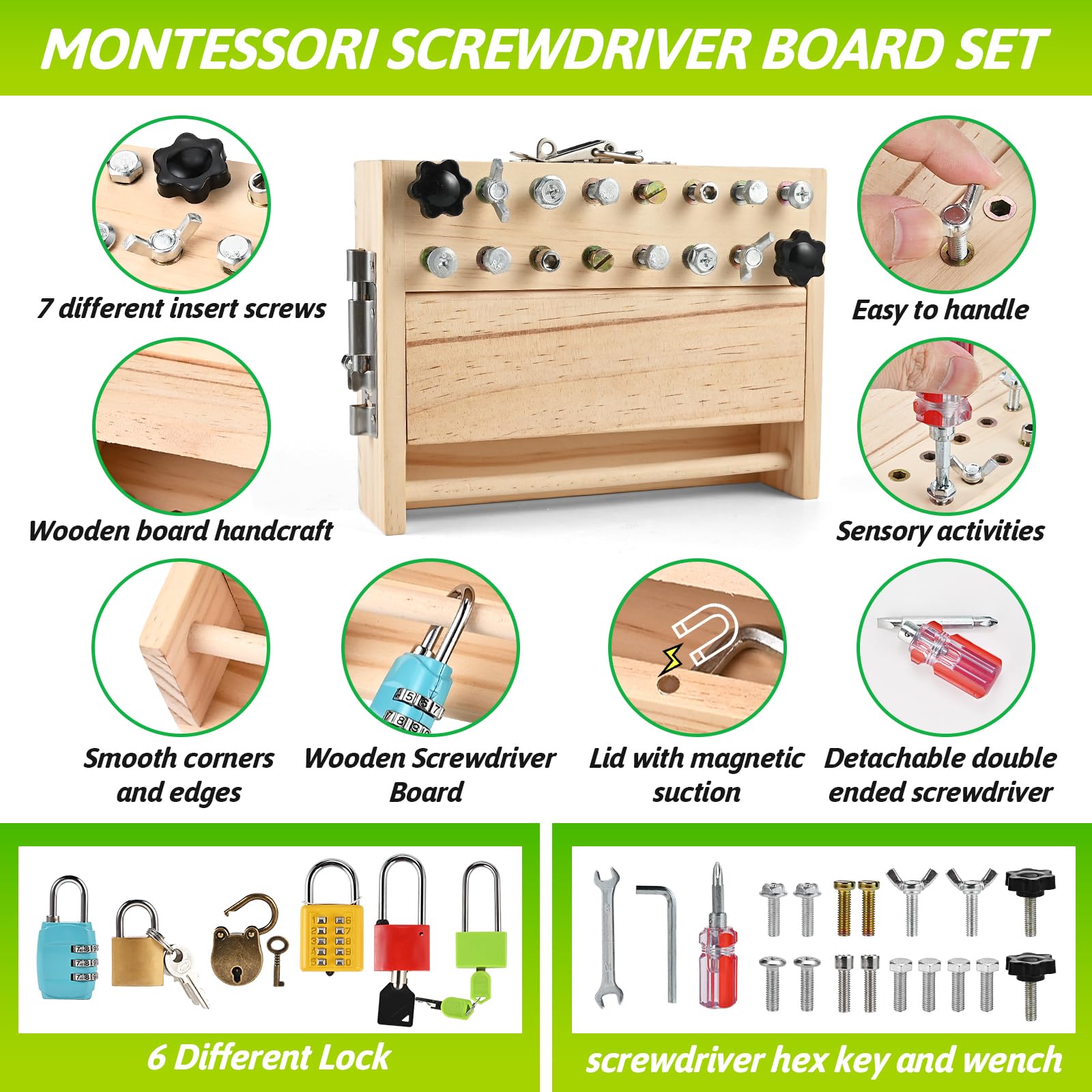 WoodTrove Montessori board locks close-up emphasizes problem-solving