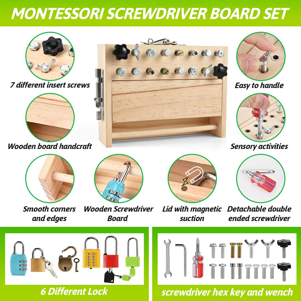 WoodTrove Montessori board locks close-up emphasizes problem-solving