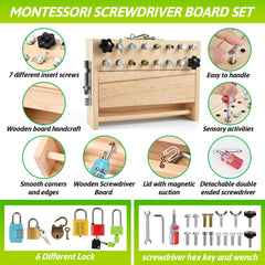 WoodTrove Montessori board locks close-up emphasizes problem-solving