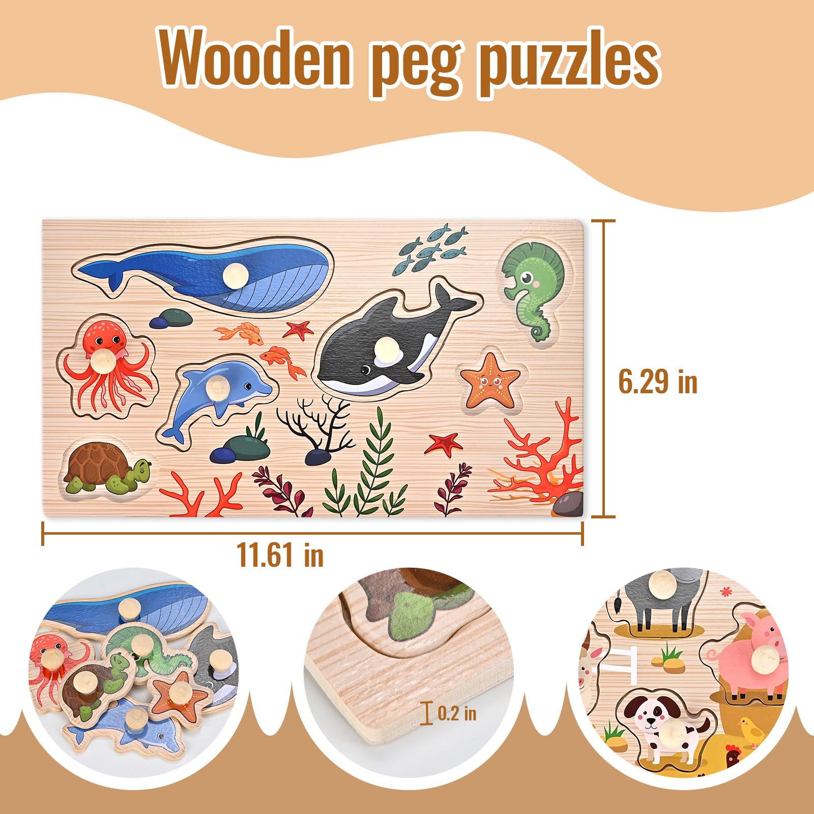 WoodTrove peg puzzle Farm Animals: colorful figures support hand-eye coordination.