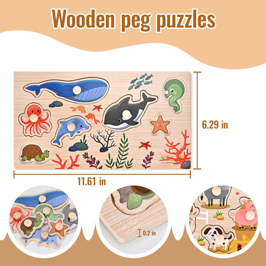 WoodTrove peg puzzle Farm Animals: colorful figures support hand-eye coordination.