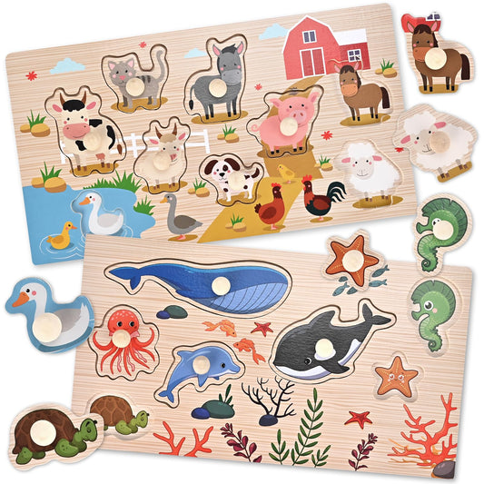 WoodTrove peg puzzle Ocean Theme: engaging sea scene to stimulate early cognitive play.