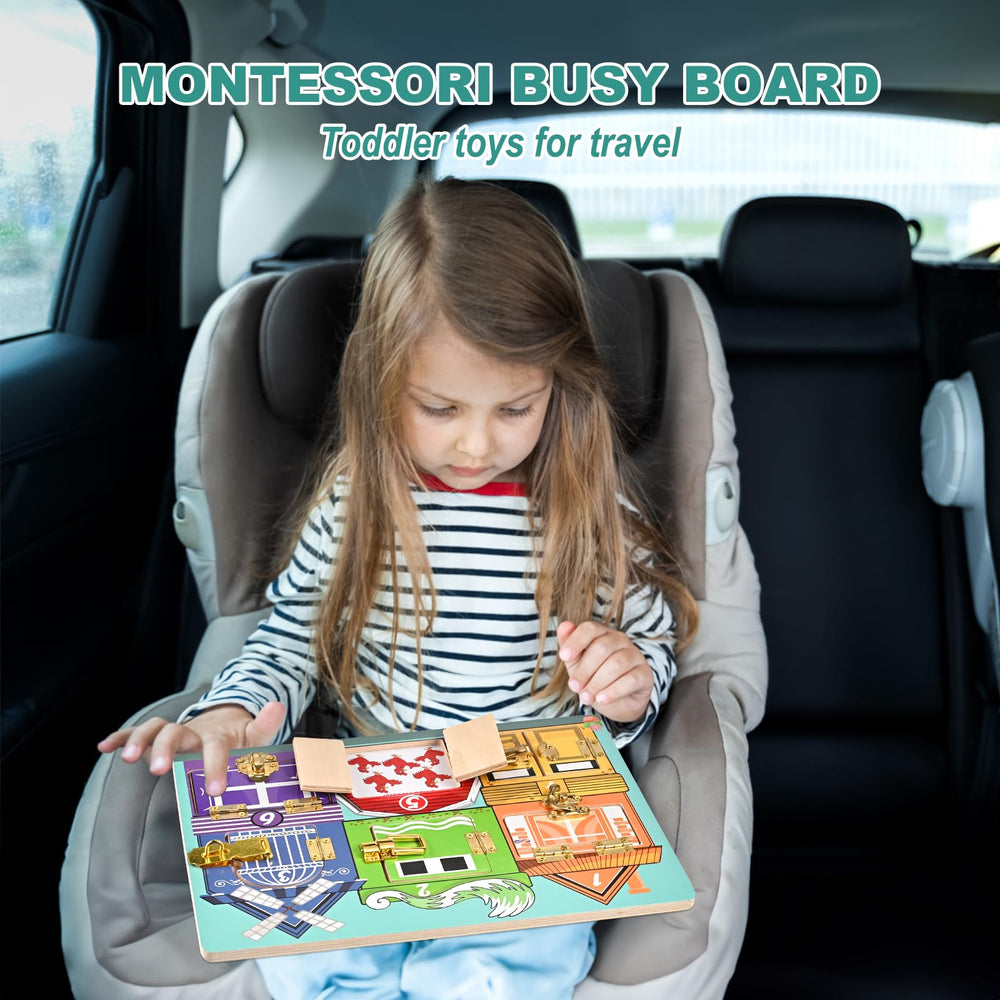 WoodTrove sensory busy board in use promotes coordination and tactile exploration