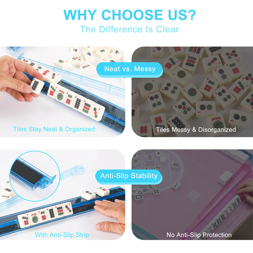 Anti-slip strip keeps tiles neat during fast-paced rounds on WOOIIROM racks