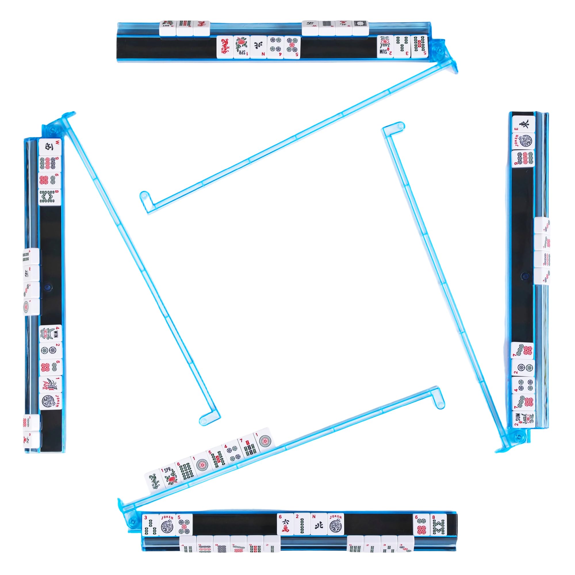 WOOIIROM mahjong racks with pushers in light blue set of four for stable tile handling.