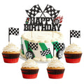 Wootkey glitter race car topper on cake adds festive sparkle and racing theme clarity.
