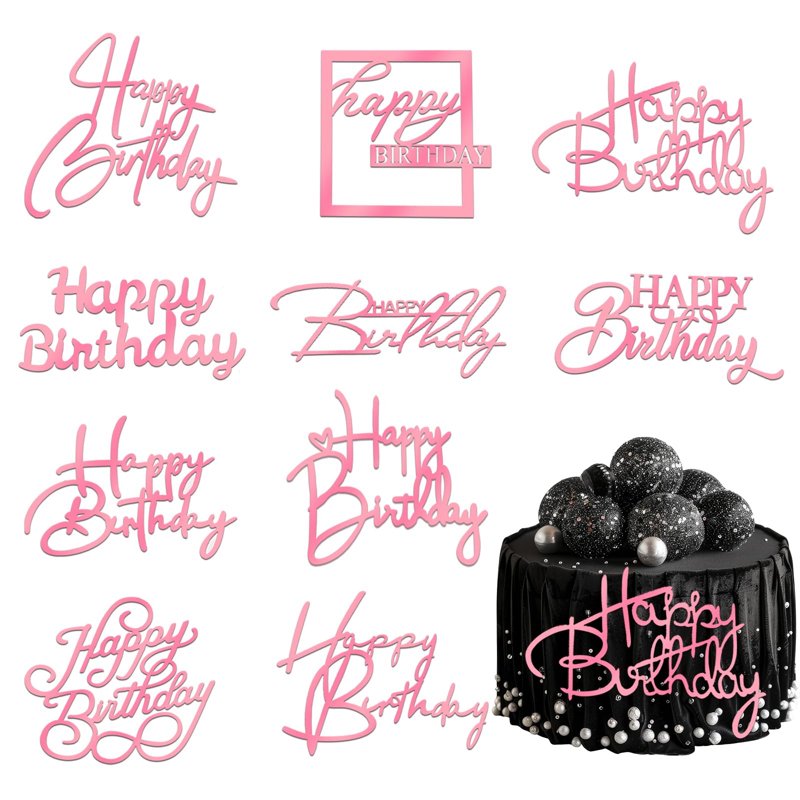 Wootkey pink mirror acrylic Happy Birthday topper doubles as a dazzling centerpiece.