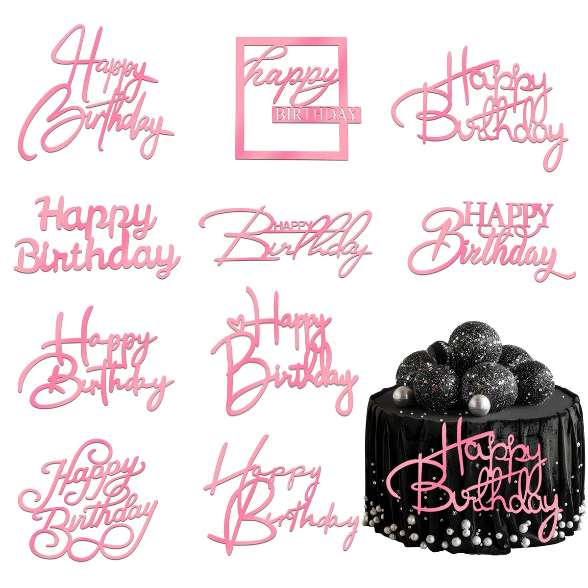 Wootkey pink mirror acrylic Happy Birthday topper doubles as a dazzling centerpiece.