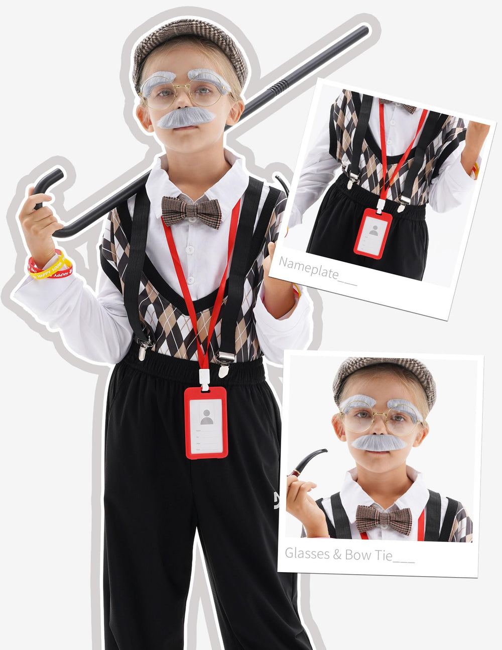 WooWee 100 Days moustache completes the vintage grandpa costume with flair.