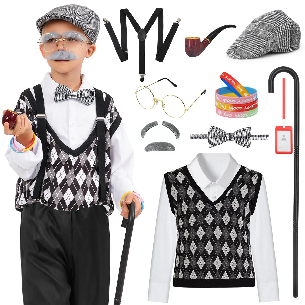 WooWee grandpa-look hat enhances authentic 100th day classroom costumes.