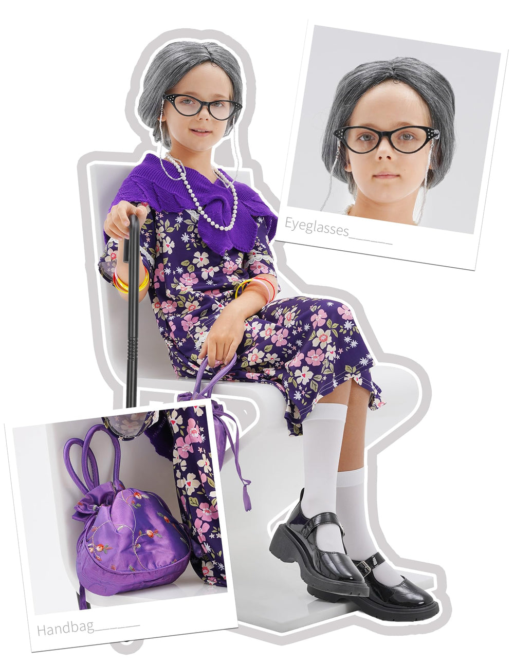 WooWee granny costume dress details with purple accents