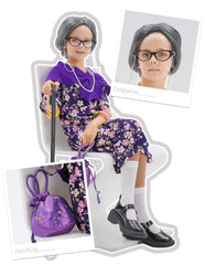 WooWee granny costume dress details with purple accents