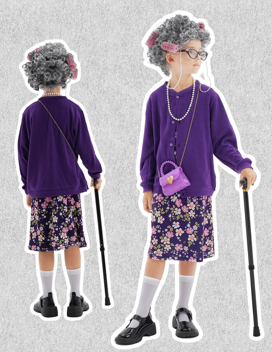 WooWee old lady costume wig for kids enhances realism and styling options.