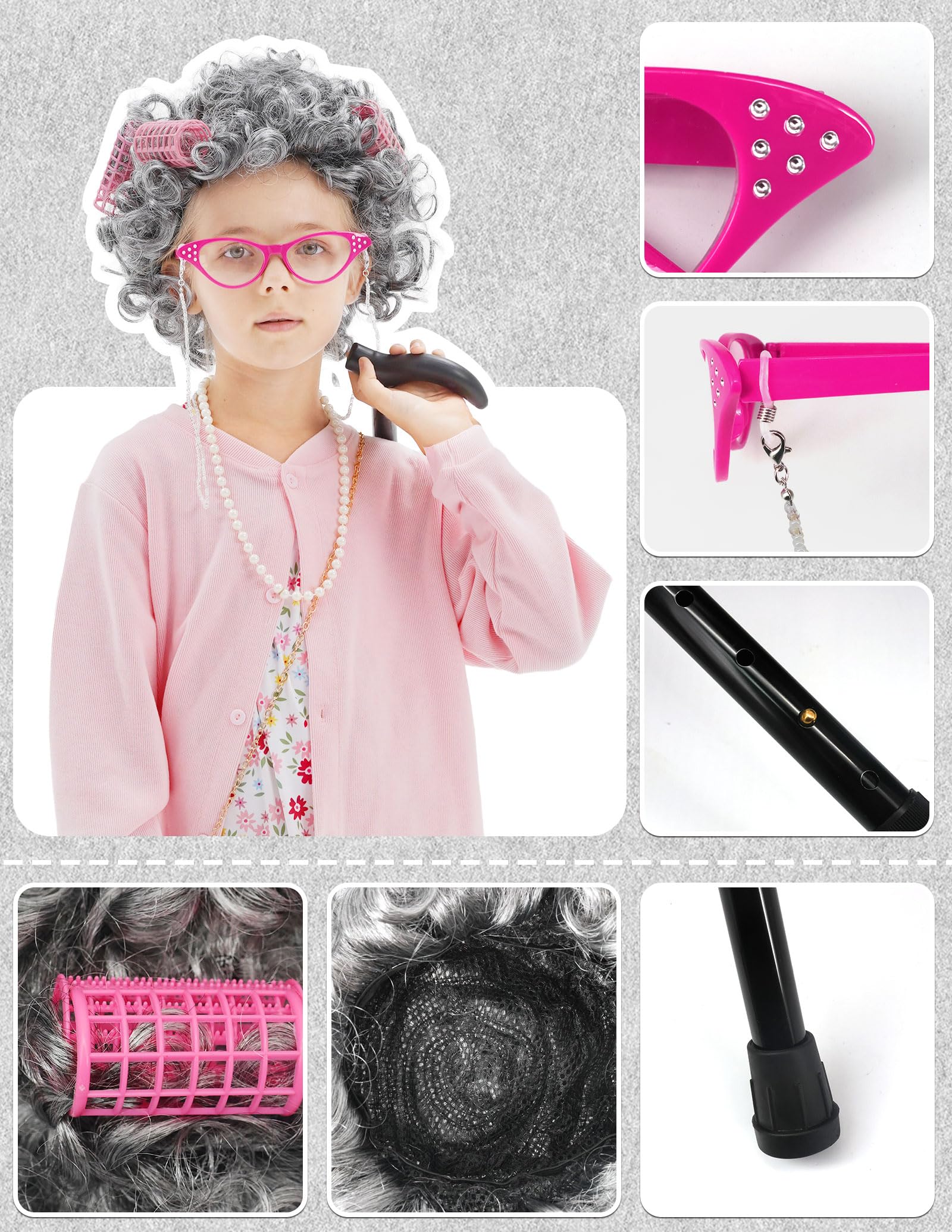 WooWee Kids stockings and eyeglasses complete the grandma costume.