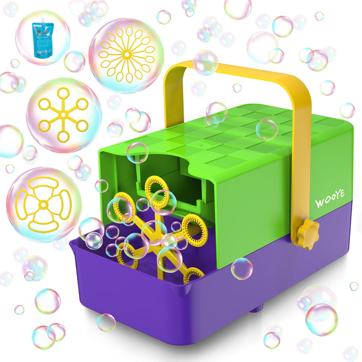 WOOYE Bubble Machine with 3-in-1 discs for versatile party bubble effects.
