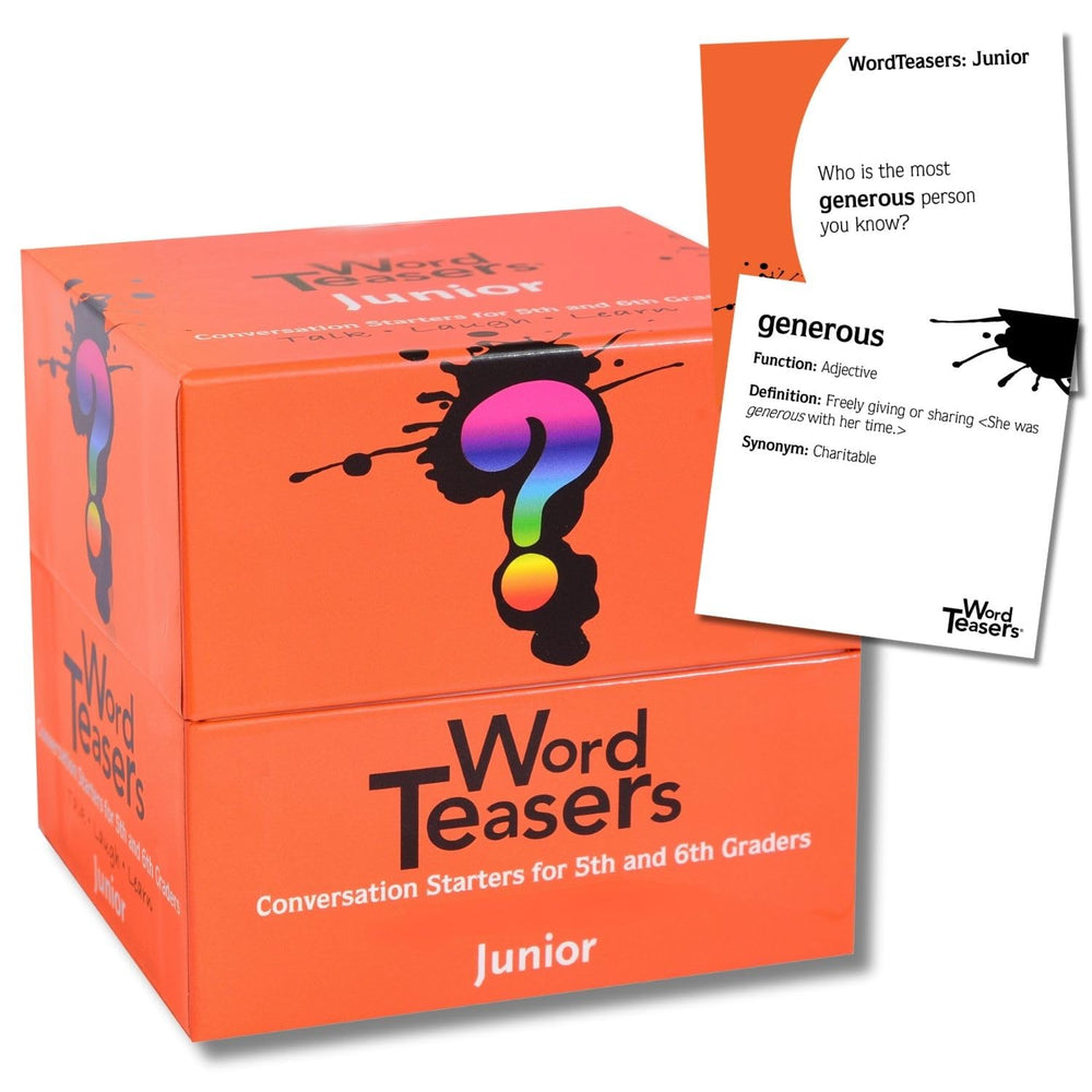 Word Teasers Junior flashcards collection on table for engaging vocabulary practice.