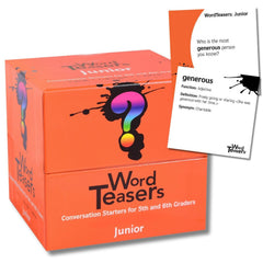 Word Teasers Junior flashcards collection on table for engaging vocabulary practice.