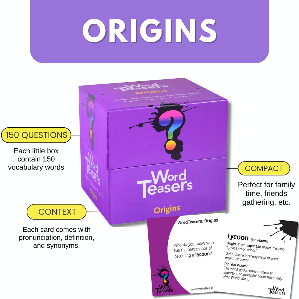 Family game night setup with Word Teasers Origins for interactive vocabulary practice.