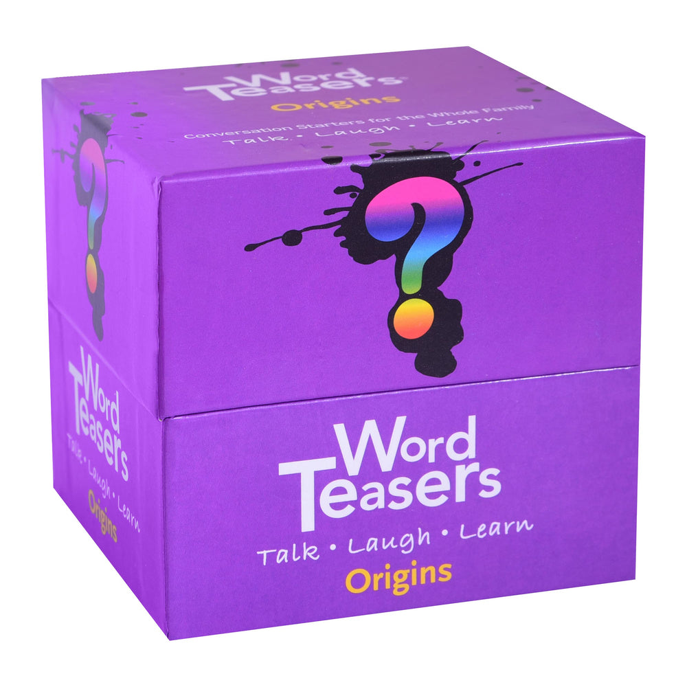 Word Teasers Origins flash cards deck laid out on a table for vocabulary expansion.