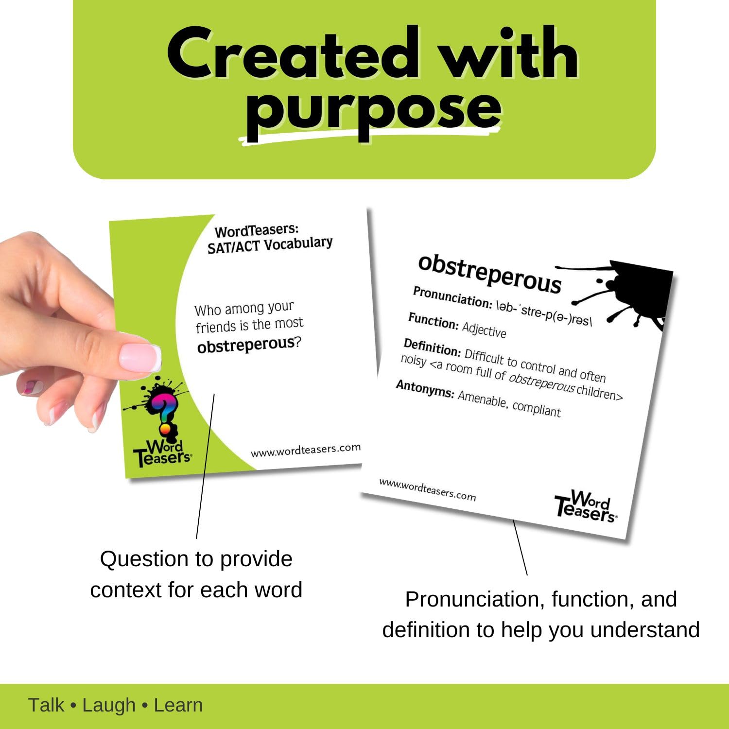 Word Teasers SAT flash cards back show definitions and pronunciation.