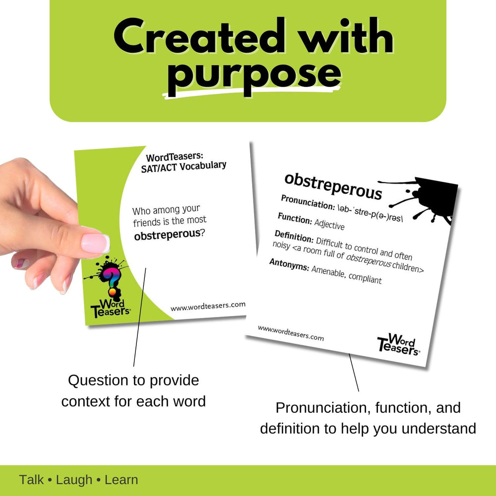 Word Teasers SAT flash cards back show definitions and pronunciation.