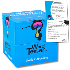 Word Teasers World Geography card 1 with globe map, ideal for curious minds exploring countries