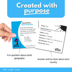 Word Teasers World Geography card 4 featuring a world map and continents to boost global awareness