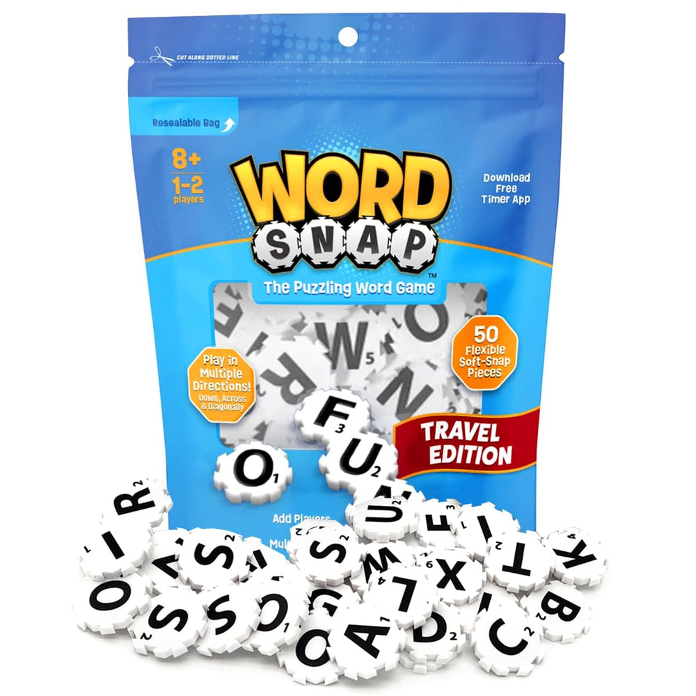 WordSnap Travel Edition tiles: durable letters for crisp word-building on the go.