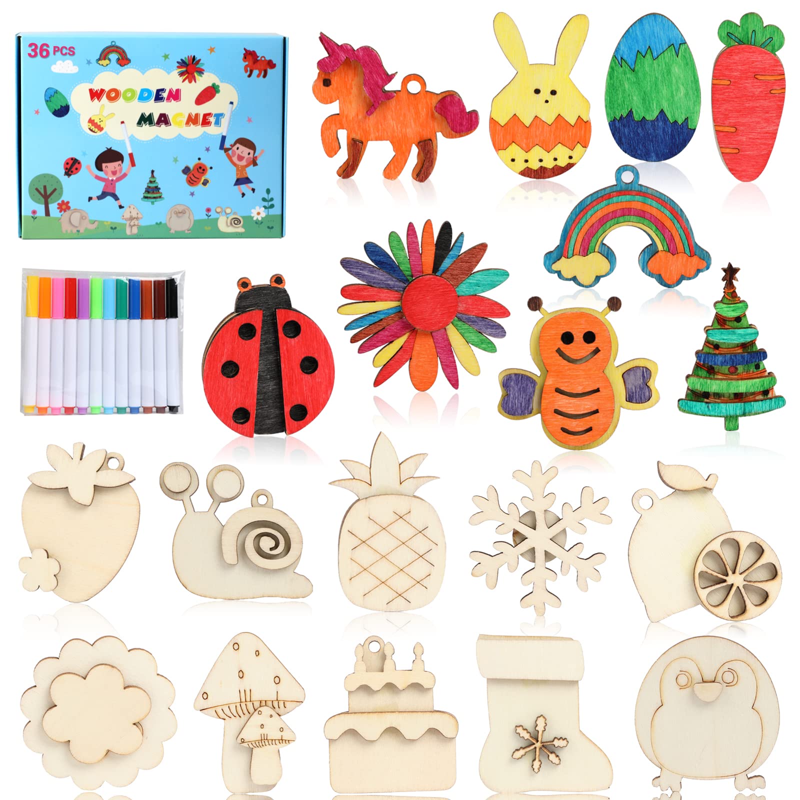 Worgree DIY wooden magnets kit with 36 pieces for creative play and learning.