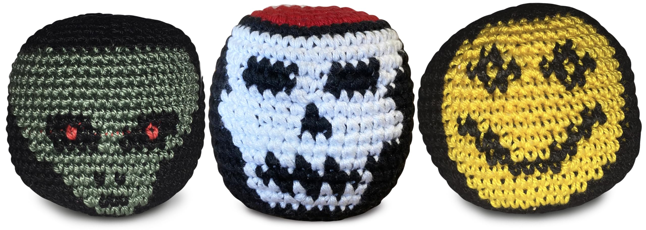 World Footbag Faces Footbag 3 Pack front view with colorful crochet design for beginners.