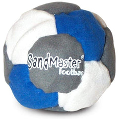 World Footbag SandMaster footbag in grey, blue, and white for durable kicks and precise stalls.