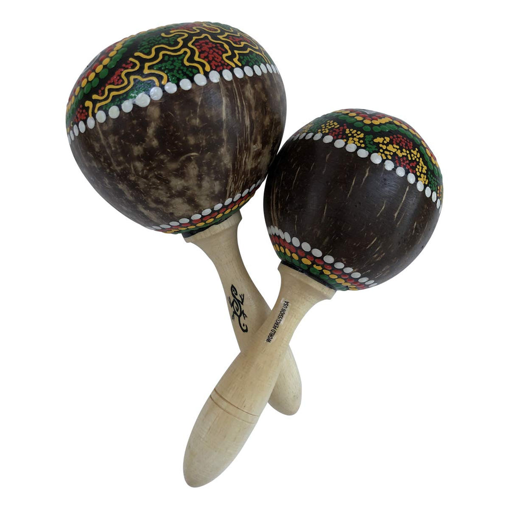 World Percussion USA large coconut maracas with hand-painted shell for visual stage appeal and authentic sound.