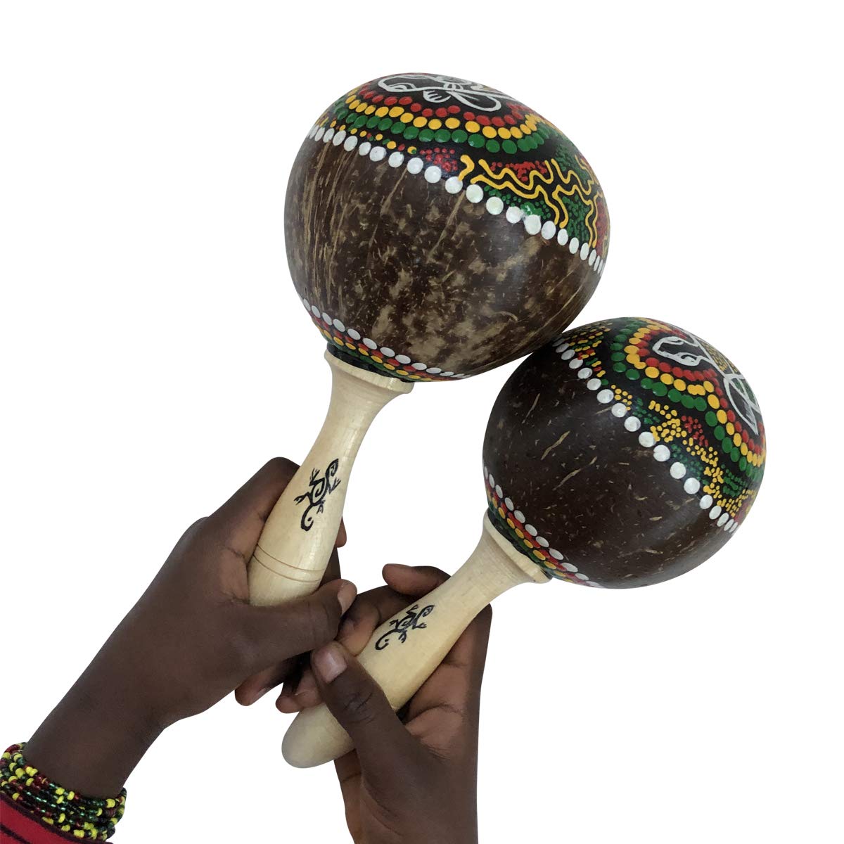 World Percussion USA coconut maracas shown in performance setup for world music rhythm.