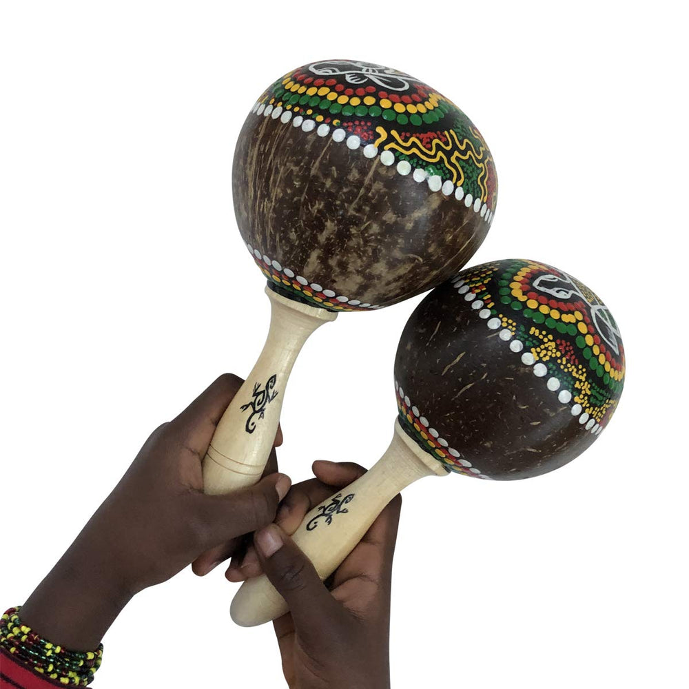 World Percussion USA coconut maracas shown in performance setup for world music rhythm.