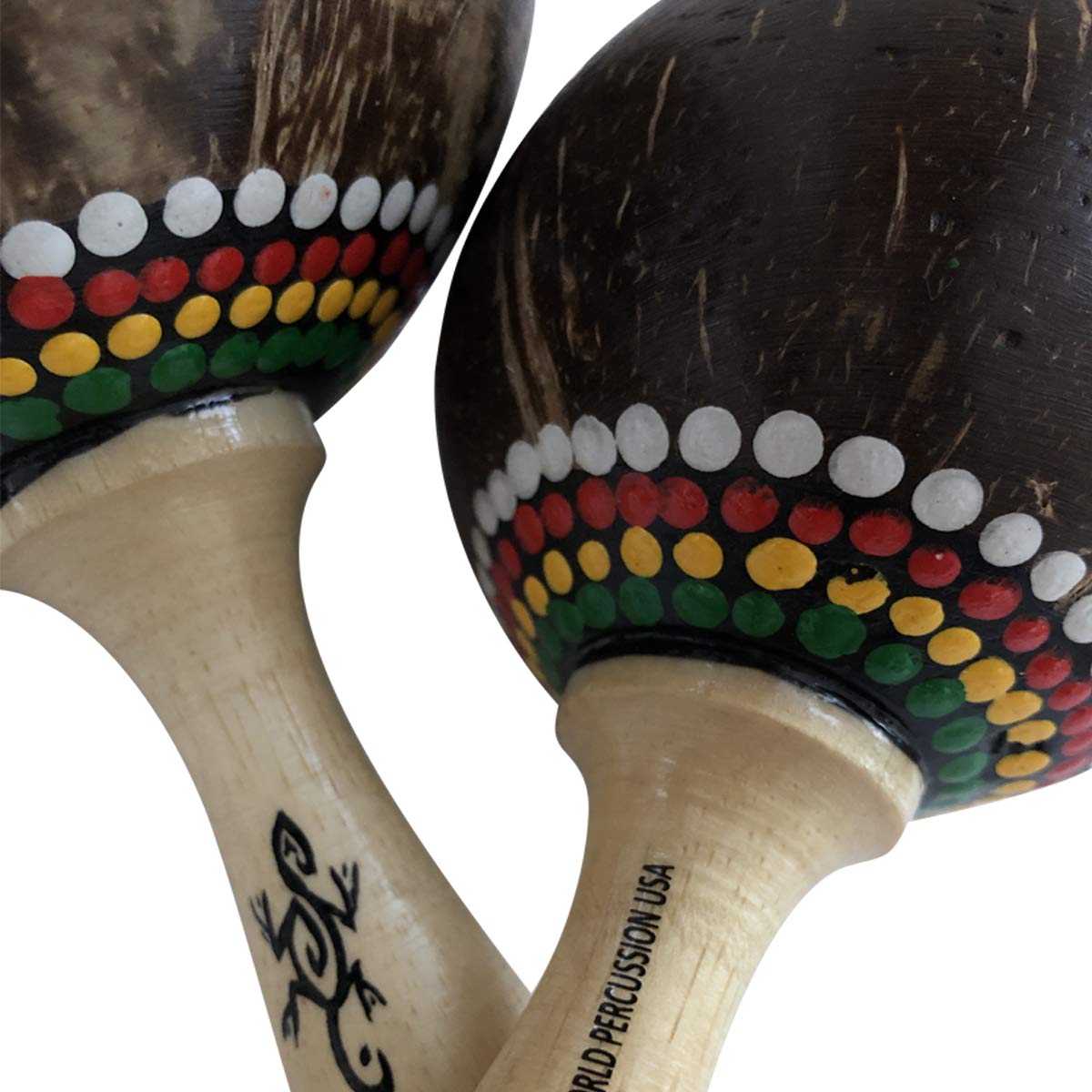 World Percussion USA maracas with stained wood handles offering durable grip during performances.